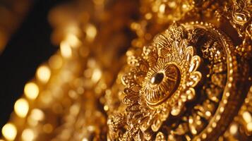 Exquisite macro close up of intricate traditional gold jewelry design.Vishu day photo