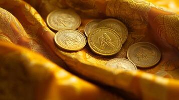 Festive composition of golden coins on ornate fabric for celebration themes and design.Vishu day photo