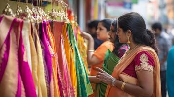 Festive vishu shopping scene with colorful sarees in a bustling street.Vishu day photo