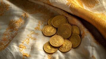 Festive golden coins on luxurious fabric background for celebration themes.Vishu day photo