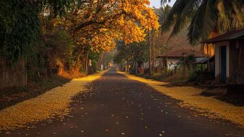 Golden konna trees lining a peaceful road in serene landscape for tranquil nature scene.Vishu day photo