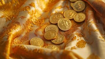 Golden coins on ornate fabric capturing festive wealth and prosperity.Vishu day photo