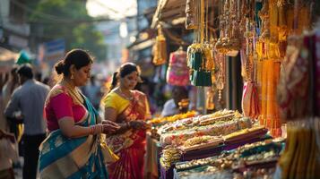 Festive vishu shopping scene with colorful streets and traditional attire.Vishu day photo