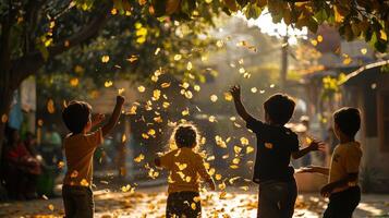 Joyful autumn playtime with children in sunlit park setting.Vishu day photo