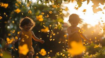Joyful childhood adventure in nature with happy children playing outdoors.Vishu day photo