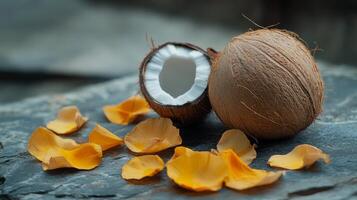 Minimalist coconut and petal arrangement for natural decor and wellness inspiration.Vishu day photo