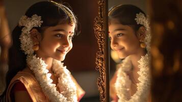 Portrait of a young girl adorned with jasmine flowers in reflective pose.Vishu day photo