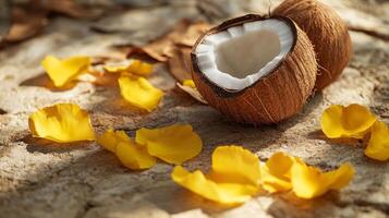 Minimalist coconut composition with yellow petals on natural stone background for tropical summer design.Vishu day photo