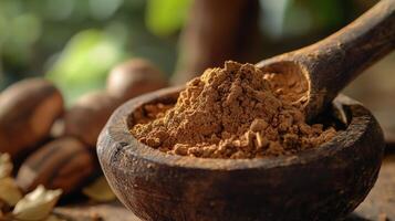Macro shot of traditional sandalwood paste in wooden bowl for aromatherapy and skincare.Vishu day photo