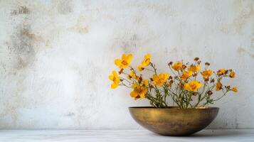 Minimalist artistic arrangement of golden yellow flowers in a bowl against a textured wall.Vishu day photo