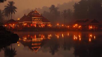 Serene dawn at a village temple with luminous decor and tranquil reflections.Vishu day photo