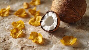 Minimalist composition of freshly cracked coconut and yellow petals on textured surface.Vishu day photo
