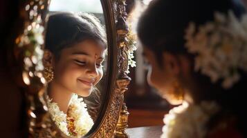 Portrait of smiling young girl adorned with jasmine flowers reflecting in ornate mirror.Vishu day photo