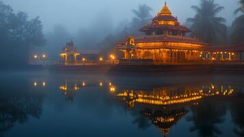Serene village temple at dawn with illuminated decor reflected in misty waters.Vishu day photo