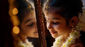 Portrait of a young girl with jasmine flowers in festive attire reflecting on a mirror.Vishu day photo