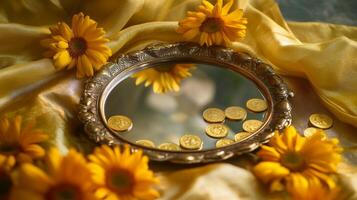 Traditional aranmula kannadi brass mirror with currency and sunflowers for decorative display.Vishu day photo