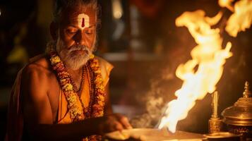 Spiritual ceremony with priest performing traditional ritual with fire.Vishu day photo