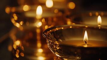 Traditional kerala brass lamps with flickering flames - close up macro.Vishu day photo
