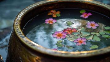 Traditional kerala brass uruli with floating flowers and water for festive decor.Vishu day photo
