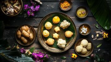 Traditional kerala sweet arrangement on banana leaf for festive celebration.Vishu day photo