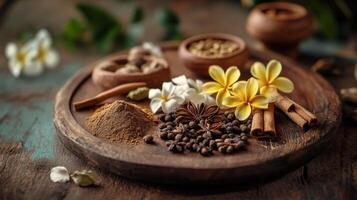 Traditional kerala spice arrangement with aromatic cinnamon, star anise, and vibrant flowers.Vishu day photo