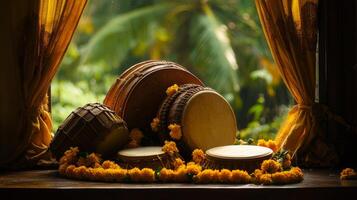Traditional kerala percussion instruments with marigold flowers and curtains.Vishu day photo