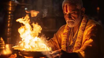 Traditional vedic ritual ceremony with priest performing sacred vishnu worship.Vishu day photo