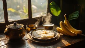 Traditional vishu breakfast with steaming rice and brass cutlery by a sunny window.Vishu day photo