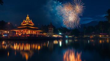 Traditional vishu fireworks illuminate night sky over temple reflections.Vishu day photo