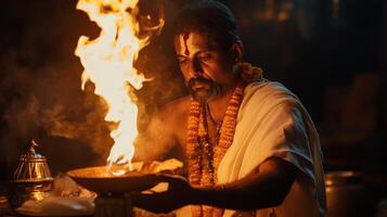 Traditional priest performing hindu ritual ceremony with sacred fire offering.Vishu day photo
