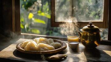 Traditional vishu breakfast scene with steaming dishes by a sunlit window.Vishu day photo