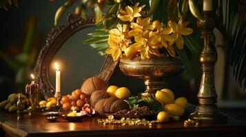 Traditional vishu kani arrangement with flowers, fruits, and candle for festive celebration.Vishu day photo