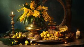 Traditional vishu kani arrangement with flowers, fruits, and lamps for festive celebration.Vishu day photo