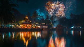 Traditional vishu fireworks lighting up the night sky over scenic temple reflections.Vishu day photo