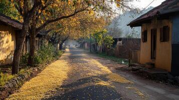 Tranquil village road lined with golden konna trees on a calm autumn day.Vishu day photo