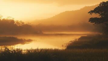 Tranquil sunrise over lush rice field and misty river in serene rural landscape.Vishu day photo
