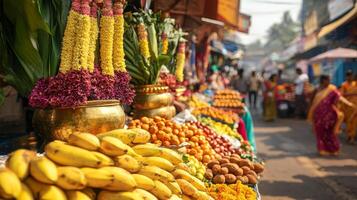 Vibrant festive market in kerala with fresh produce and decor.Vishu day photo