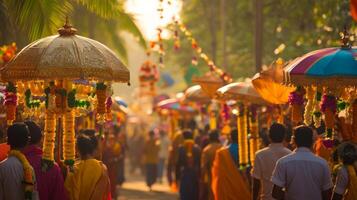 Vibrant outdoor vishu festival procession with decorative umbrellas and traditional attire.Vishu day photo