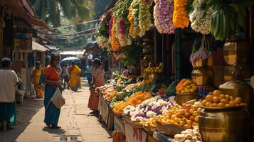 Vibrant festive market in kerala street with colorful flowers and fresh produce.Vishu day photo