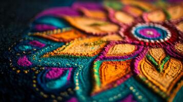 Vibrant macro close-up of colorful powder in detailed decorative design.Vishu day photo