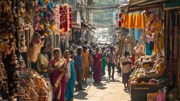 Vibrant vishu market scene festive shopping street bustling with activity.Vishu day photo