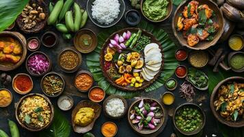 Vibrant overhead flat lay of colorful traditional asian cuisine for culinary inspiration.Vishu day photo