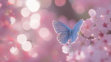Blue butterfly resting on cherry blossoms with soft pink bokeh background photo