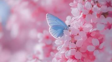 Blue butterfly resting on pink cherry blossoms in springtime bloom photo
