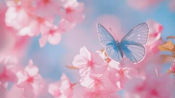 Blue butterfly on pink cherry blossoms in springtime photo