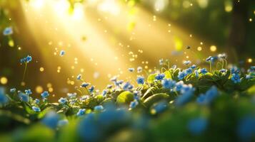 Sunlit blue wildflowers in a serene forest photo