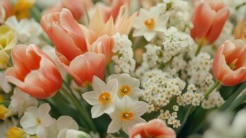 Vibrant spring bouquet with tulips, daffodils, and white blossoms photo