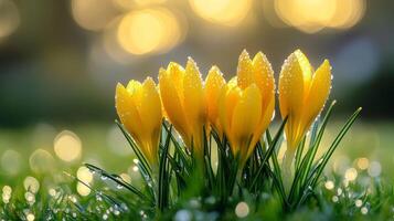 Yellow crocus blooms with dew in sunlit garden bokeh photo