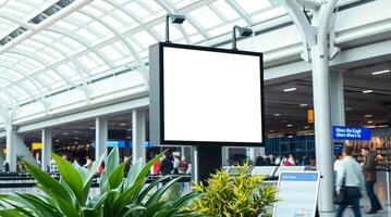 An empty billboard in an airport with people walking around photo