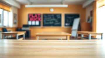 An empty classroom with a chalkboard and desks photo